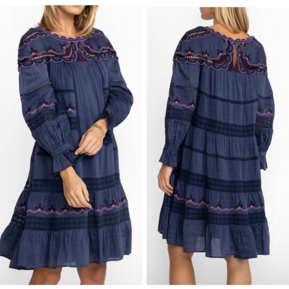 Johnny Was NWT Reina Embroidered Lined Linen Long Sleeve Tiered Dress Small - Picture 3 of 15